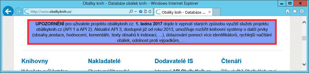 Upozornění umístěné na www.obalkyknih.cz v prosinci 2016